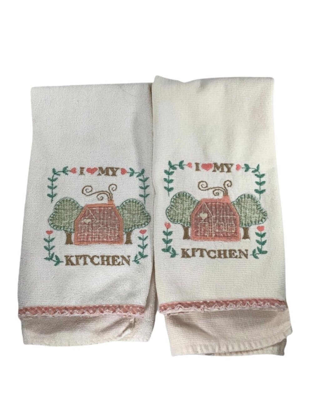 I Love My Kitchen Embroidered Cotton Hand Towels Set Of 2 White with Pink Trim